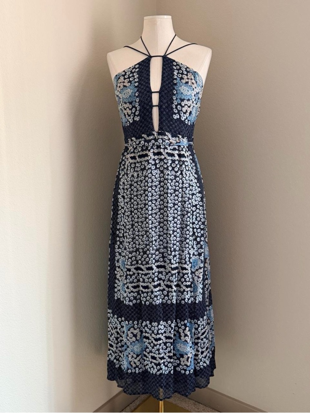 Reiss Navy and Light Blue Halter Midi Dress size USA 6